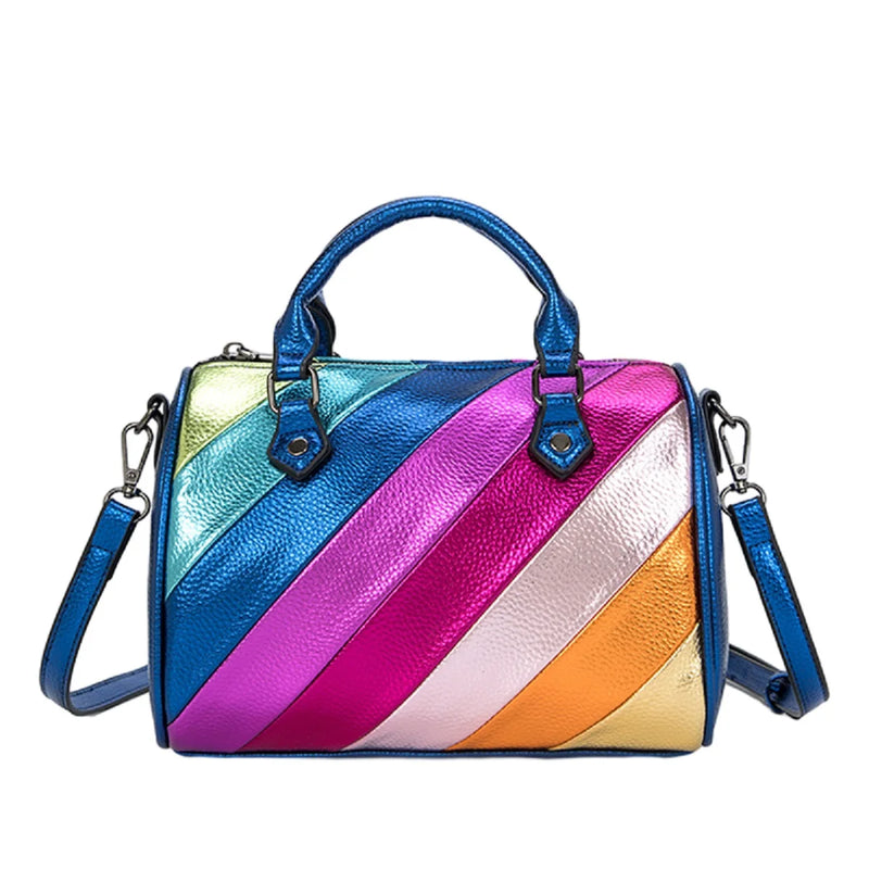 Bolsa Dopamine Colorida Luxo: Couro Vegano com Design Patchwork e Alça Elegante
