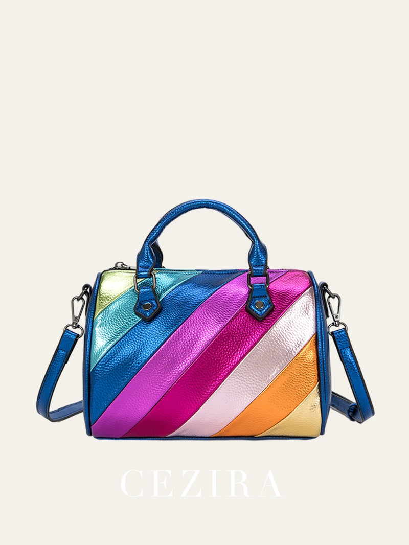 Bolsa Dopamine Colorida Luxo: Couro Vegano com Design Patchwork e Alça Elegante