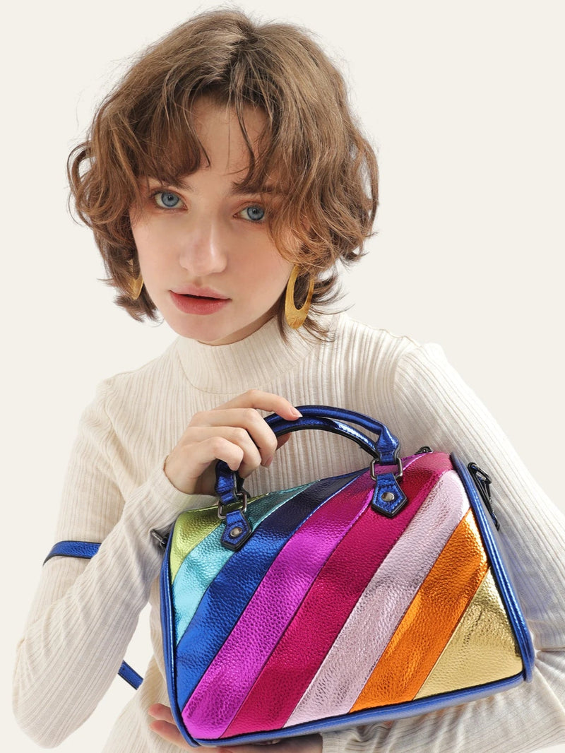 Bolsa Dopamine Colorida Luxo: Couro Vegano com Design Patchwork e Alça Elegante