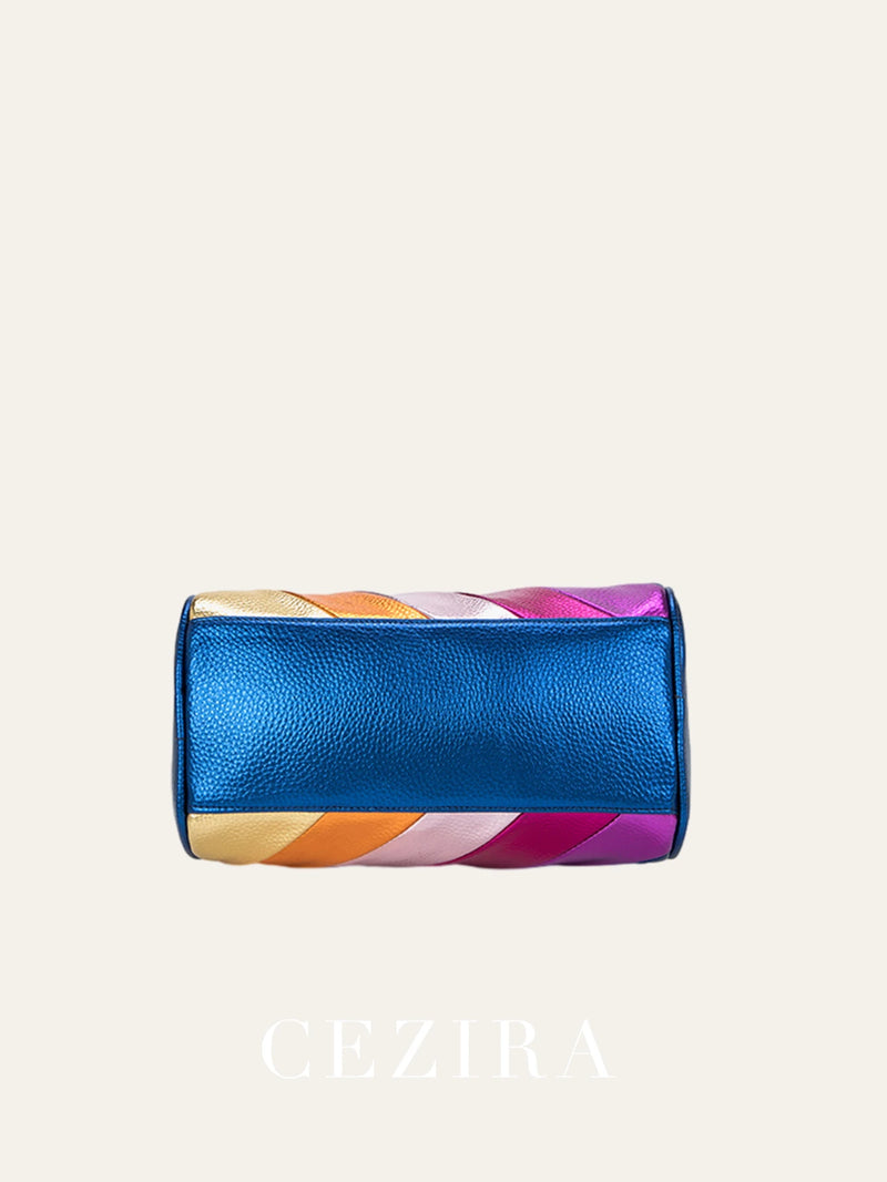 Bolsa Dopamine Colorida Luxo: Couro Vegano com Design Patchwork e Alça Elegante