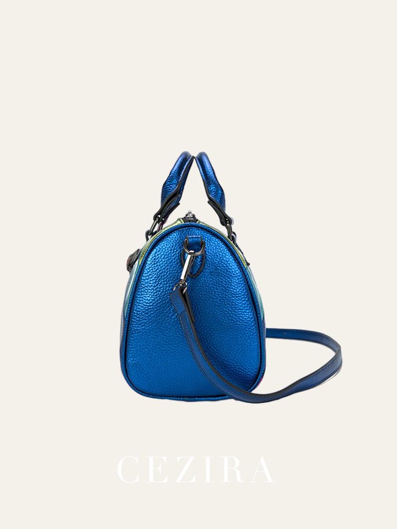 Bolsa Dopamine Colorida Luxo: Couro Vegano com Design Patchwork e Alça Elegante