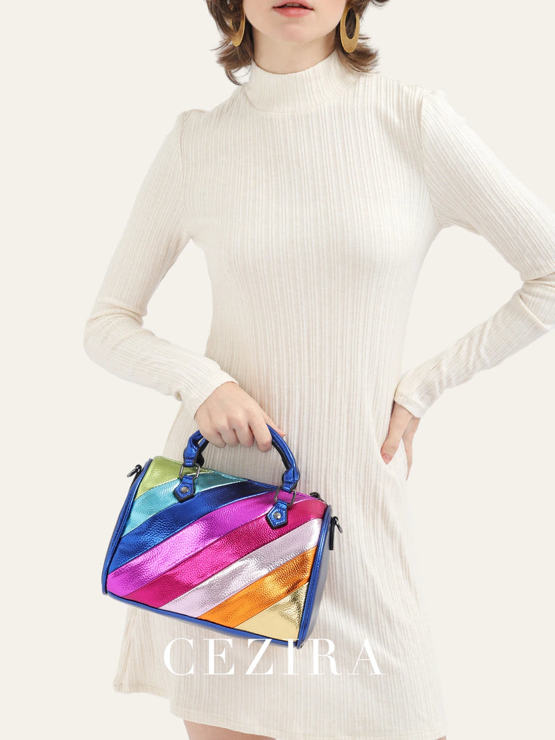 Bolsa Dopamine Colorida Luxo: Couro Vegano com Design Patchwork e Alça Elegante